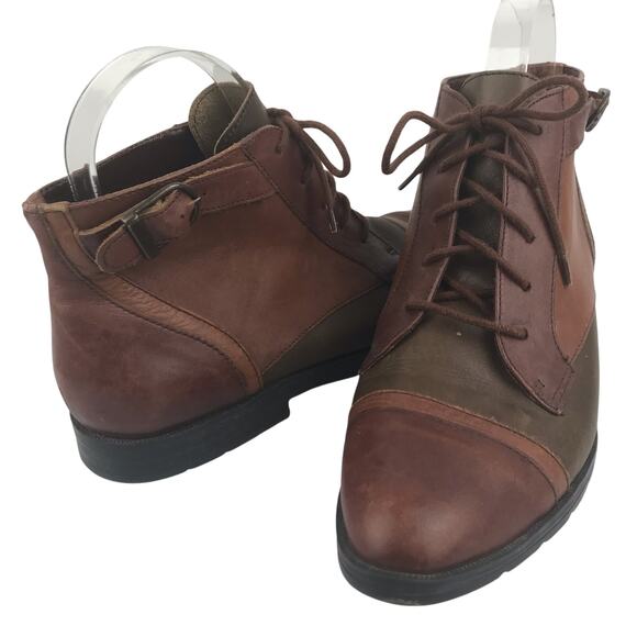 Vintage LATINAS Leather Ankle Boots Brown Olive Green Patchwork Lace Up Sz 7.5 M - Picture 1 of 16